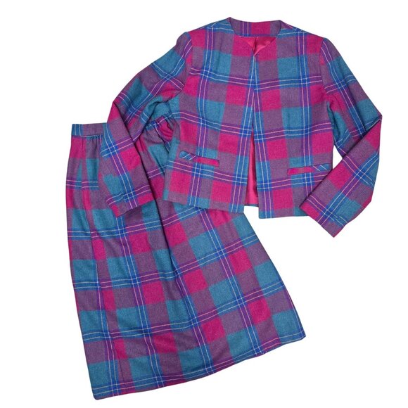 Vintage Johnny B Plaid Wool Skirt & Jacket Set Fuchsia & Teal M Classic 2-Piece - Picture 10 of 11